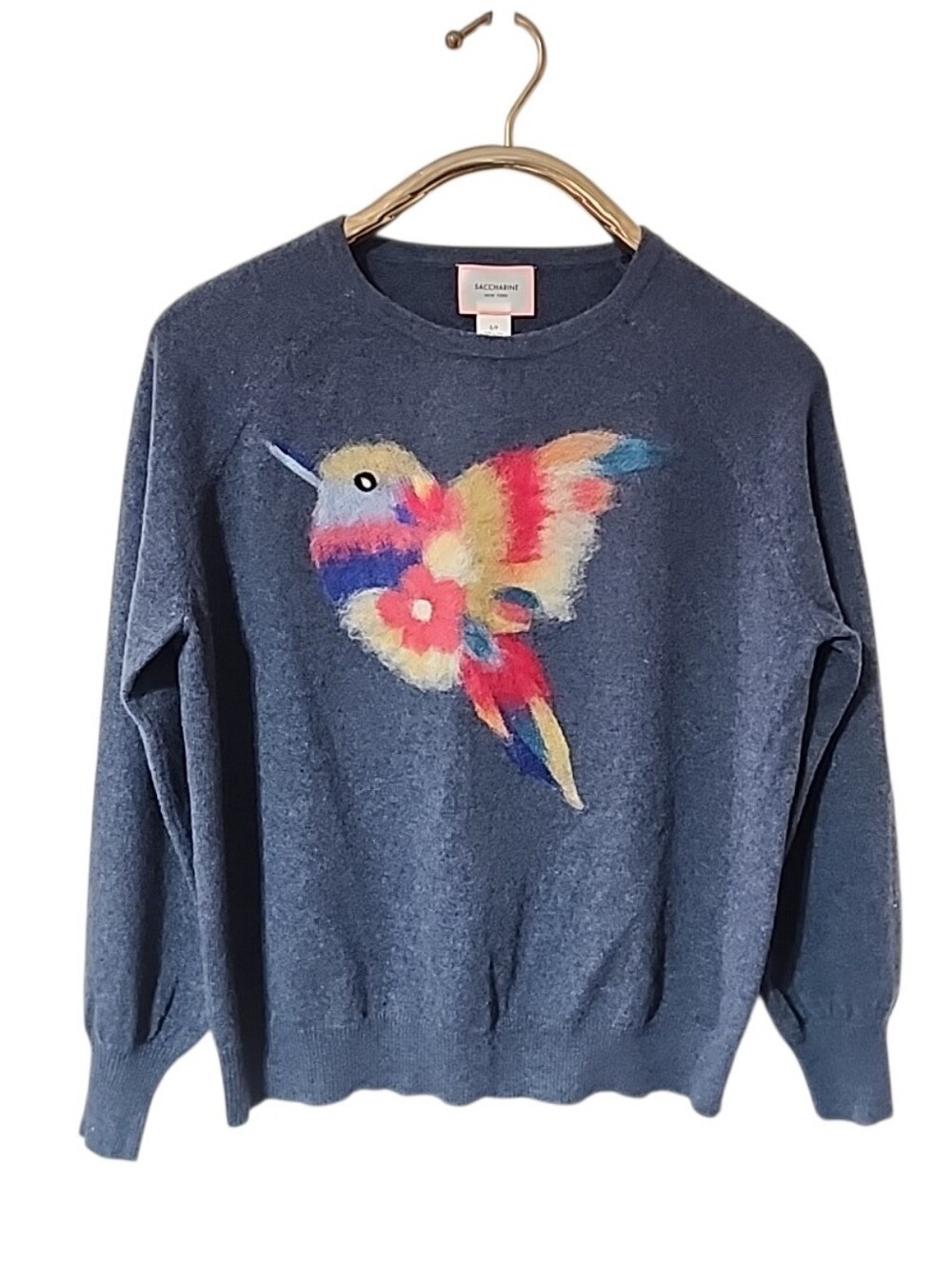 Saccharine New York 100% Cashmere Hummingbird Sweater Blue Floral Knit Small - Picture 5 of 8